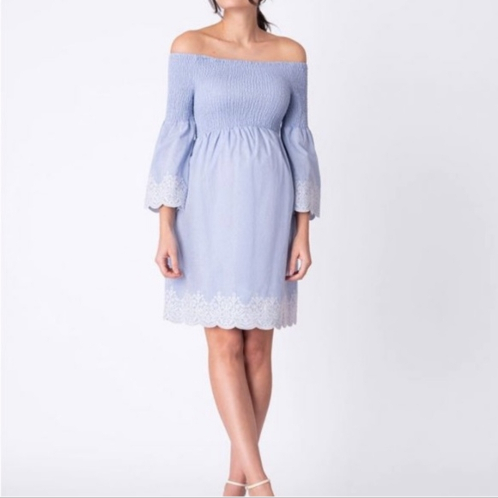 Seraphine Blue Embroidered Smocked Off the Shoulder Maternity Dress